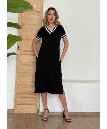 Kadın Kısa Kollu V Yaka Kol Ve Yaka Ribana Detay Midi Boy Viskon Elbise