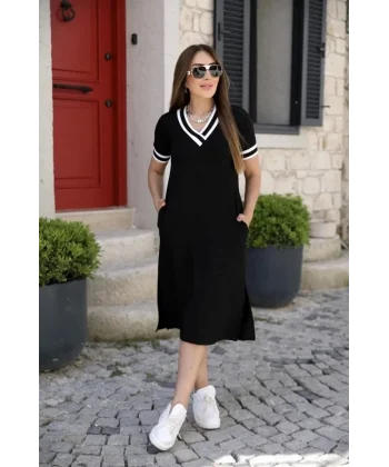 Kadın Kısa Kollu V Yaka Kol Ve Yaka Ribana Detay Midi Boy Viskon Elbise