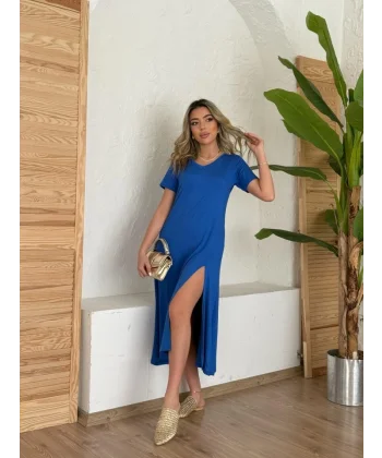 Kadın Kısa Kollu V Yaka Maxi Boy Elbise 124 Cm