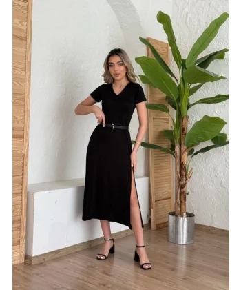 Kadın Kısa Kollu V Yaka Maxi Boy Elbise 124 Cm