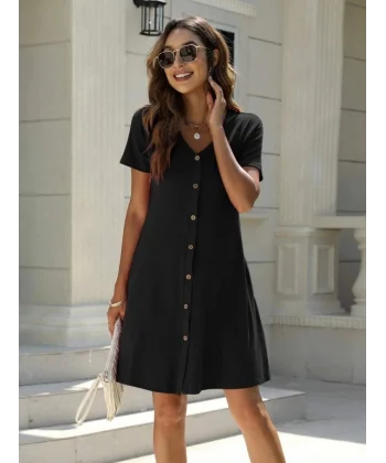 Kadın Kısa Kollu V Yaka önü Düğmeli Viskon Elbise