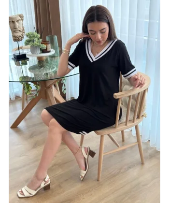 Kadın Kısa Kollu V Yaka Ribana Detaylı Cepli Dizüstü Viskon Elbise