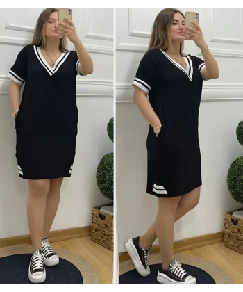 Kadın Kısa Kollu V Yaka Ribana Detaylı Cepli Dizüstü Viskon Elbise