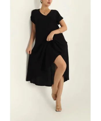 Kadın Kısa Kollu V Yaka Salaş Maxi Boy Elbise