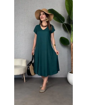 Kadın Kısa Kollu V Yaka Salaş Maxi Boy Elbise