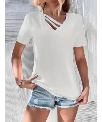 Kadın Kısa Kollu V Yaka şerit Detay Viskon Bluz