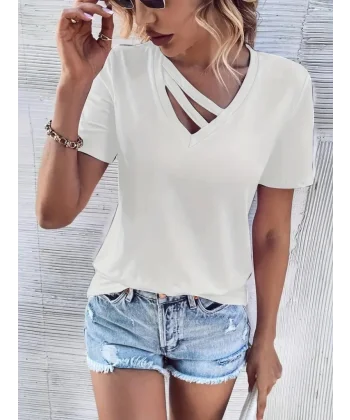 Kadın Kısa Kollu V Yaka şerit Detay Viskon Bluz