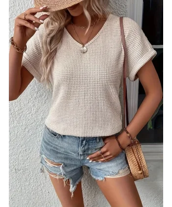 Kadın Kısa Kollu V Yaka Sırt Düğme Detay Triko Bluz