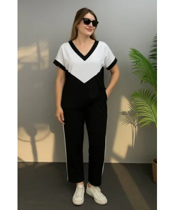 Kadın Kısa Kollu V Yaka Siyah Beyaz Renkli Viskon Iki Iplik Kumaş Eşofman Takımı