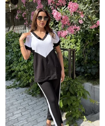Kadın Kısa Kollu V Yaka Siyah Beyaz Renkli Viskon Iki Iplik Kumaş Eşofman Takımı