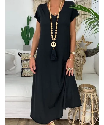 Kadın Kısa Kollu V Yaka Süprem Tam Boy Elbise