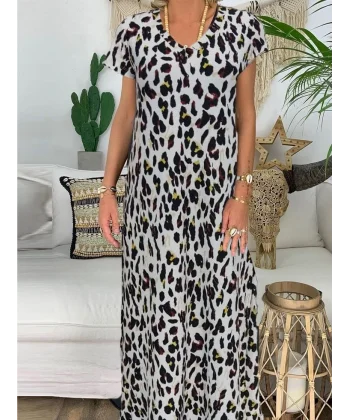 Kadın Kısa Kollu V Yaka Tam Boy Zebra Desen Pegasus Kumaş Elbise