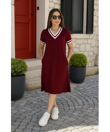Kadın Kısa Kollu V Yaka Ve Yaka Ribana Detay Midiboy Viskon Elbise
