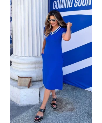 Kadın Kısa Kollu V Yaka Ve Yaka Ribana Detay Midiboy Viskon Elbise