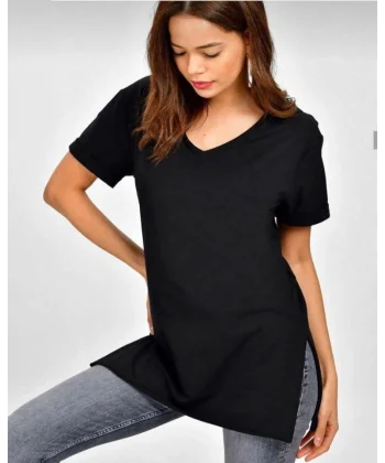 Kadın Kısa Kollu V Yaka Yanları Yırtmaç Detay Penye Bluz