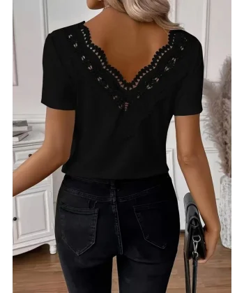 Kadın Kısa Kollu V Yakalı Arkası Dantelli Viskon Bluz