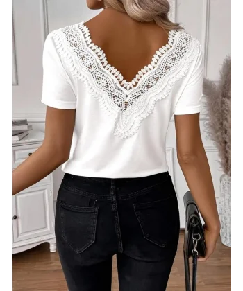 Kadın Kısa Kollu V Yakalı Arkası Dantelli Viskon Bluz