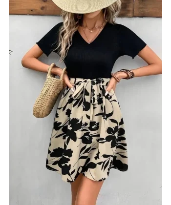 Kadın Kısa Kollu V Yakalı Belden Kuşaklı çiçek Desenli üst Viskon Alt Süprem Elbise