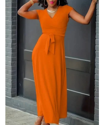 Kadın Kısa Kollu V Yakalı Belden Kuşaklı Maksi Boy Viskon Elbise