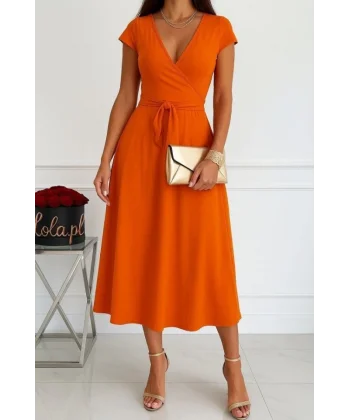 Kadın Kısa Kollu V Yakalı Belden Kuşaklı Maksi Boy Viskon Elbise