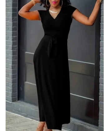 Kadın Kısa Kollu V Yakalı Belden Kuşaklı Maksi Boy Viskon Elbise