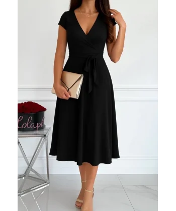 Kadın Kısa Kollu V Yakalı Belden Kuşaklı Maksi Boy Viskon Elbise
