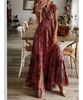 Kadın Kısa Kollu V Yakalı Beli Gipeli Desenli Süprem Maksi Elbise