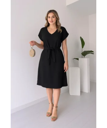 Kadın Kısa Kollu V Yakalı Beli Kuşaklı Ithal Keten Elbise