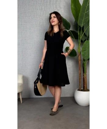 Kadın Kısa Kollu V Yakalı Beli Kuşaklı Ithal Keten Elbise