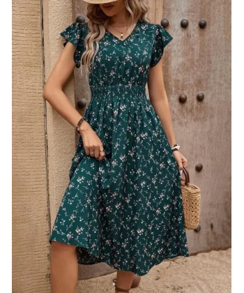Kadın Kısa Kollu V Yakalı Beli Lastikli çiçek Desenli Süprem Elbise