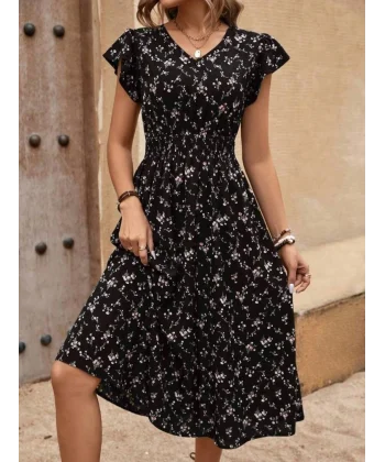 Kadın Kısa Kollu V Yakalı Beli Lastikli çiçek Desenli Süprem Elbise