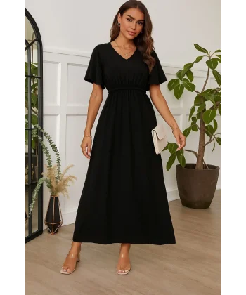 Kadın Kısa Kollu V Yakalı Beli Lastikli Uzun Viskon Elbise