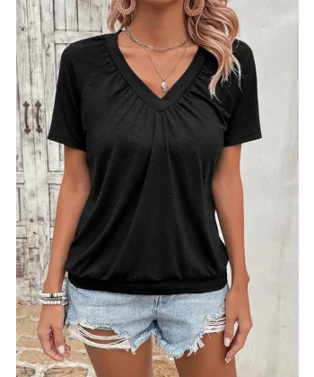 Kadın Kısa Kollu V Yakalı Büzgü Detaylı Viskon Bluz