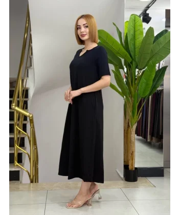 Kadın Kısa Kollu V Yakalı Cep Detaylı Uzun Janjan Krep Elbise