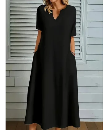 Kadın Kısa Kollu V Yakalı Cep Detaylı Uzun Janjan Krep Elbise