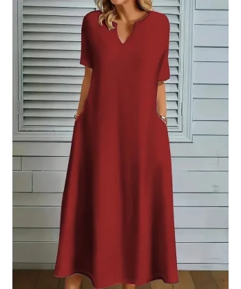 Kadın Kısa Kollu V Yakalı Cep Detaylı Uzun Janjan Krep Elbise