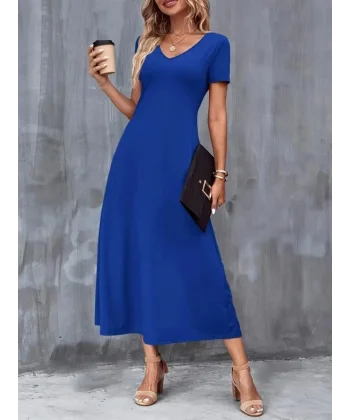 Kadın Kısa Kollu V Yakalı Cepli Viskon Elbise