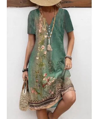 Kadın Kısa Kollu V Yakalı çiçek Baskılı Midi Süprem Elbise