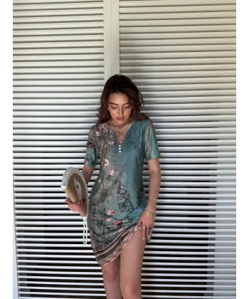 Kadın Kısa Kollu V Yakalı çiçek Baskılı Midi Süprem Elbise