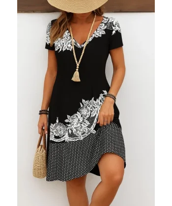 Kadın Kısa Kollu V Yakalı çiçek Baskılı Süprem Elbise