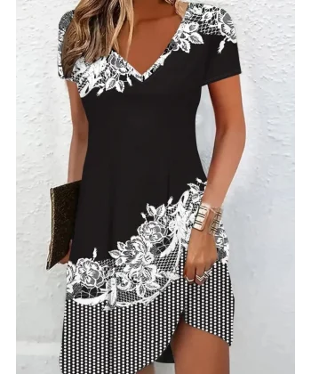 Kadın Kısa Kollu V Yakalı çiçek Baskılı Süprem Elbise