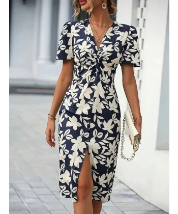 Kadın Kısa Kollu V Yakalı çiçek Desenli Midi Atlas Elbise