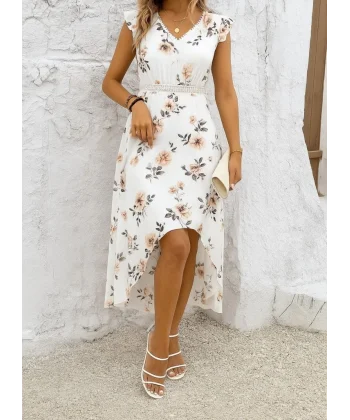 Kadın Kısa Kollu V Yakalı çiçek Desenli önü Kısa Arkası Uzun Pegasus Elbise