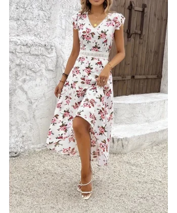 Kadın Kısa Kollu V Yakalı çiçek Desenli önü Kısa Arkası Uzun Süprem Elbise