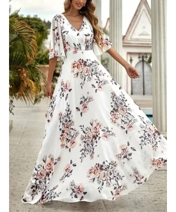 Kadın Kısa Kollu V Yakalı çiçek Desenli Süprem Elbise