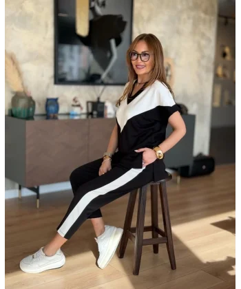 Kadın Kısa Kollu V Yakalı çift Renkli Viskon Iki Iplik Ikili Bluz Ve Pantolon Takım