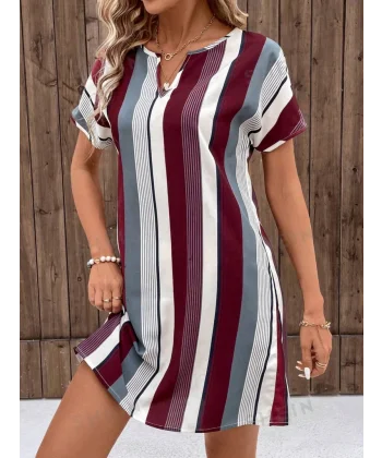 Kadın Kısa Kollu V Yakalı çizgi Baskılı Süprem Elbise
