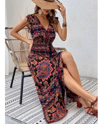 Kadın Kısa Kollu V Yakalı Deseni Yırtmaçlı Süprem Elbise