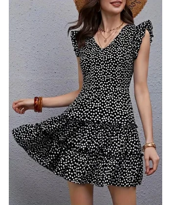 Kadın Kısa Kollu V Yakalı Desenli Fırfırlı Süprem Elbise