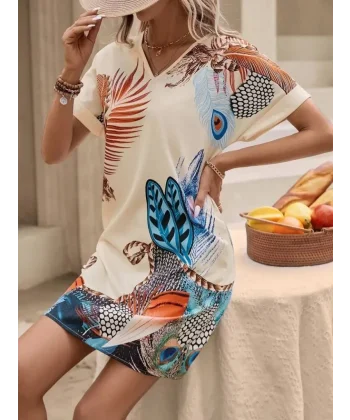 Kadın Kısa Kollu V Yakalı Desenli Mini Atlas Elbise